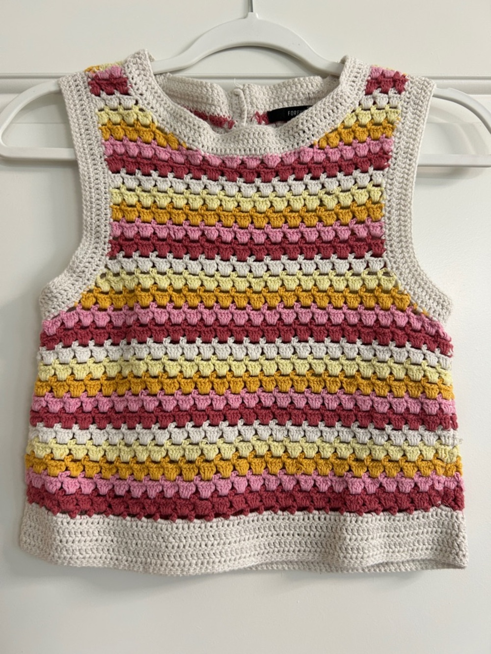Forever 21 Crocheted Sleeveless Stripe Tank in Pink, Yellow & Cream